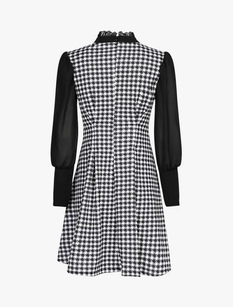 Hahnentritt-Kleid mit Lavallière-Kragen - Schwarz
