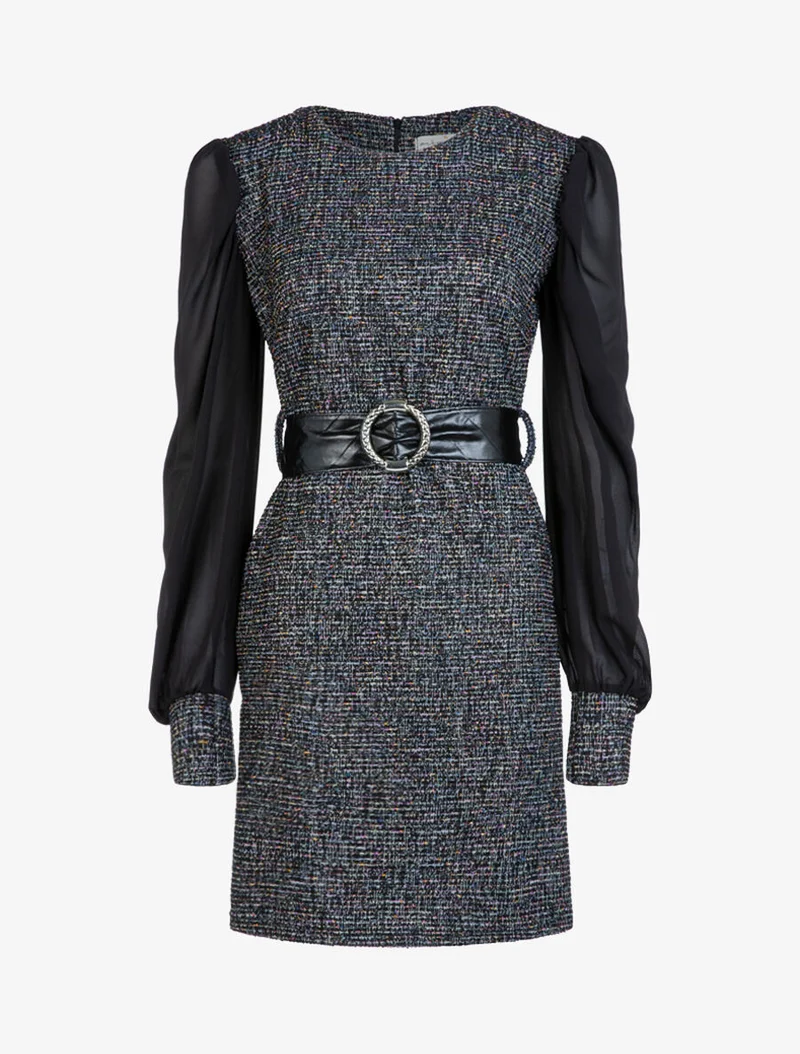 Mehrfarbiges Strickkleid mit Struktur - Schwarz
