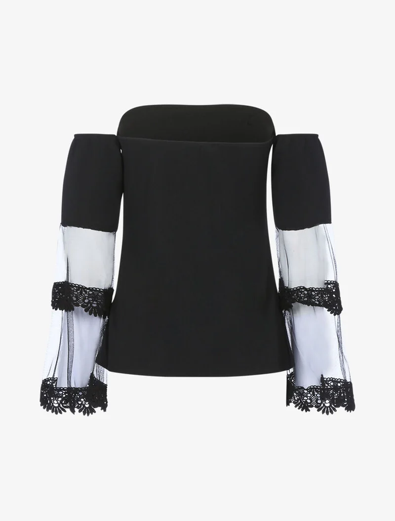 Oberteil mit Trompetenärmeln aus Voile - Schwarz