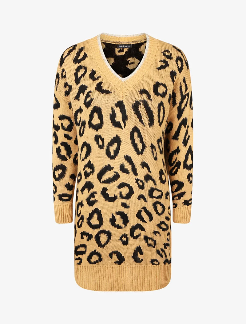 Abstraktes Leopardenmuster Strickkleid - Helles Kamel