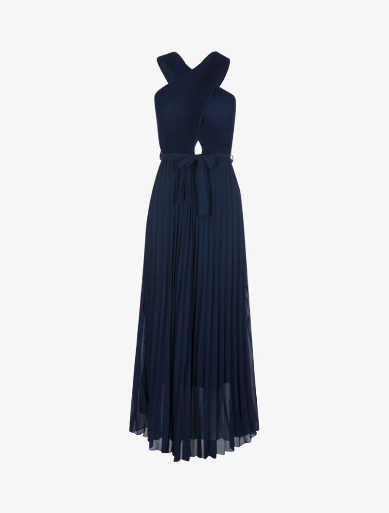 Langes, gewaffeltes Kleid mit gekreuzten Trägern - Marine