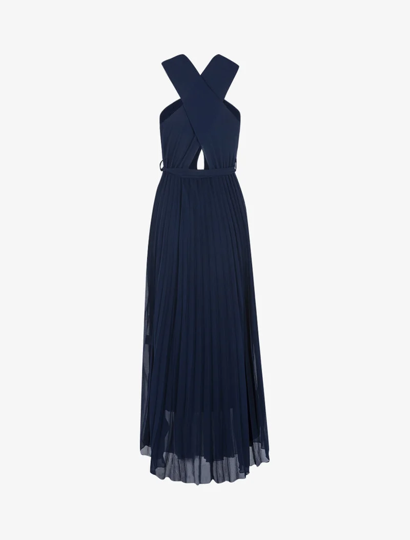 Langes, gewaffeltes Kleid mit gekreuzten Trägern - Marine