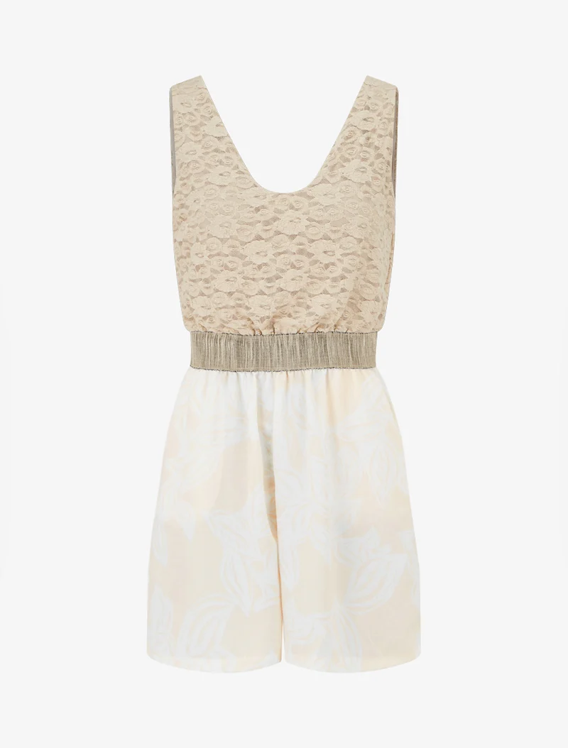 Gespielter Blumen-Jumpsuit mit Spitzeneinsatz am Oberteil - Beige
