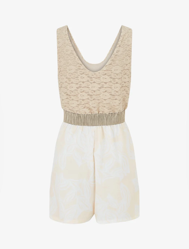 Gespielter Blumen-Jumpsuit mit Spitzeneinsatz am Oberteil - Beige