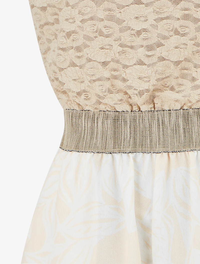 Gespielter Blumen-Jumpsuit mit Spitzeneinsatz am Oberteil - Beige