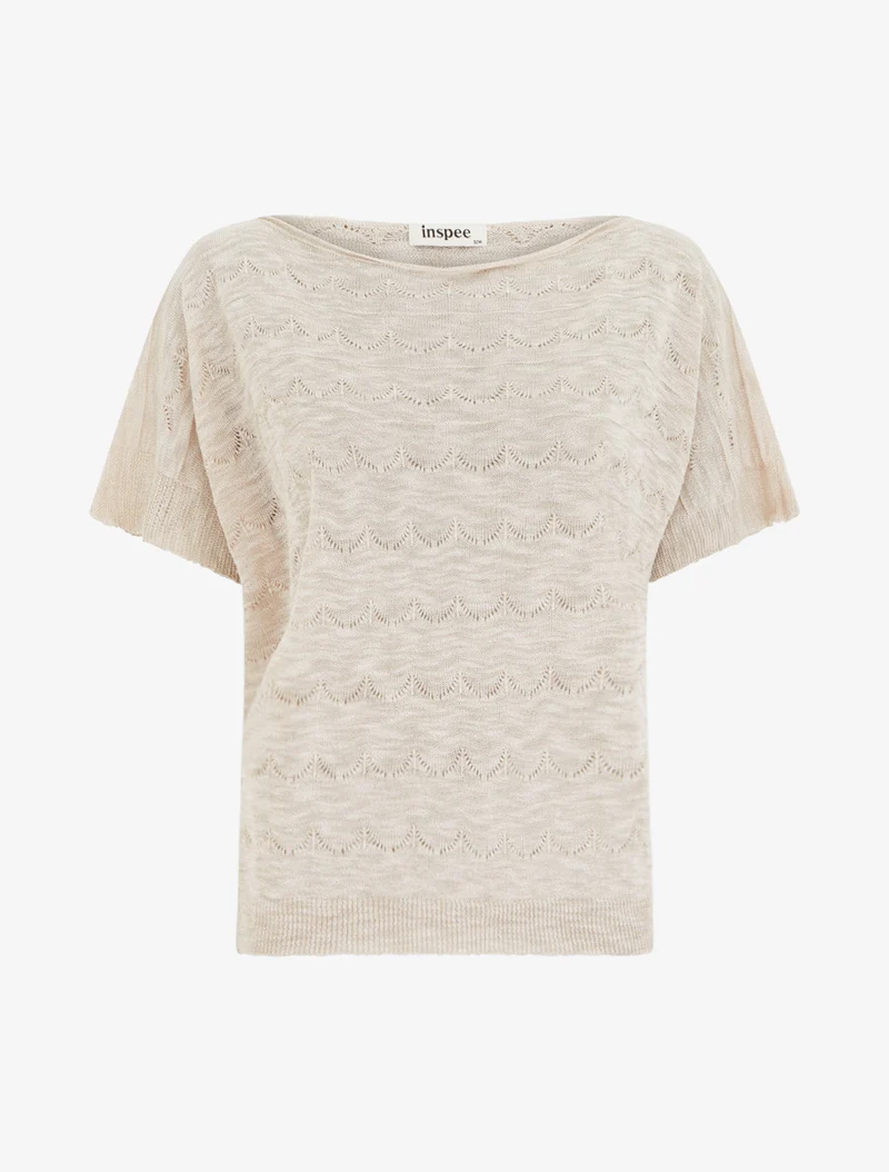 Gestricktes Top mit Lochmuster und kurzen Ärmeln - Beige