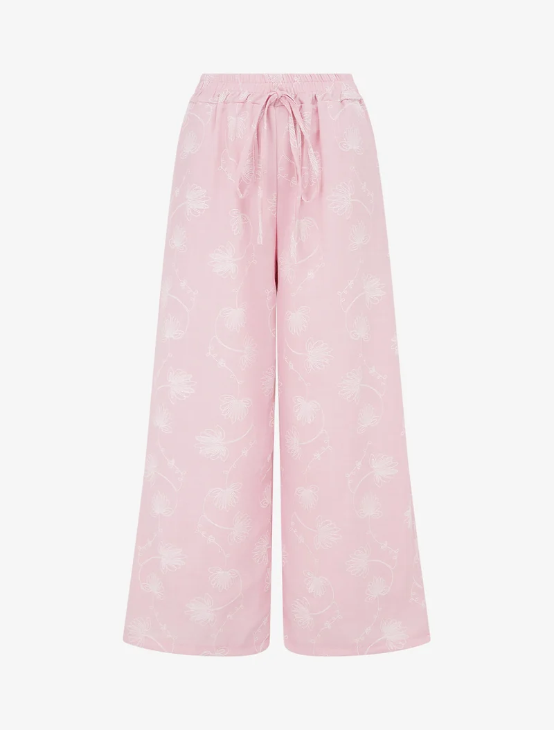 Leinenhose mit Blumenstickerei - Rose