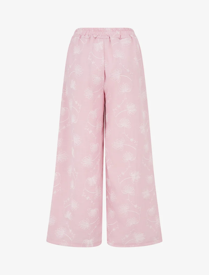 Leinenhose mit Blumenstickerei - Rose