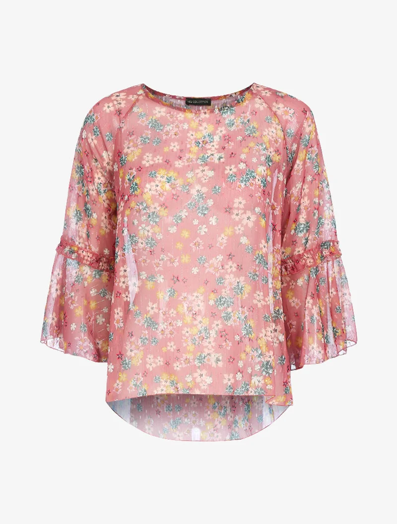 Transparente Bluse aus bedrucktem Voile - Dunkelrosa