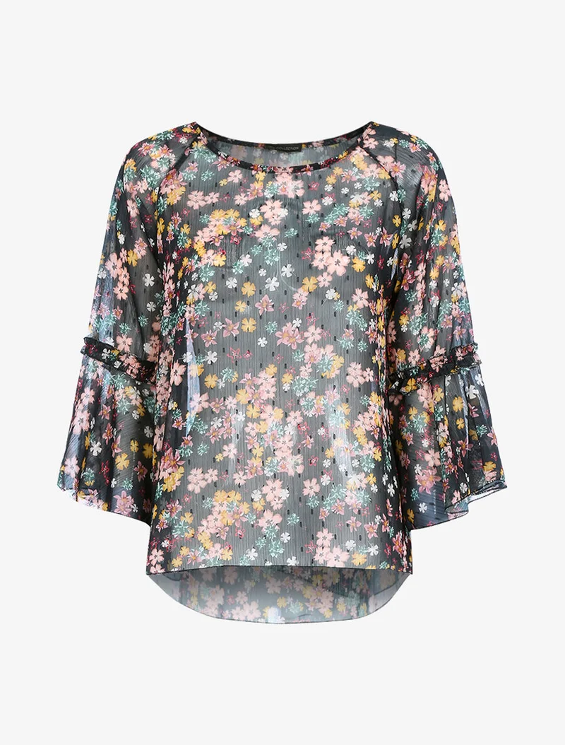Transparente Bluse aus bedrucktem Voile - Schwarz
