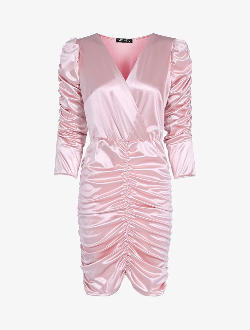 Gerafftes Kleid mit langen Ärmeln - Rose