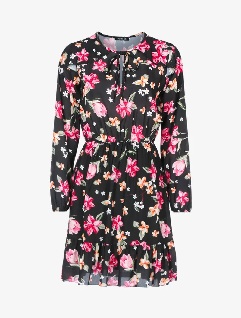 Blumenkleid mit durchbrochenem Oberteil - Schwarz