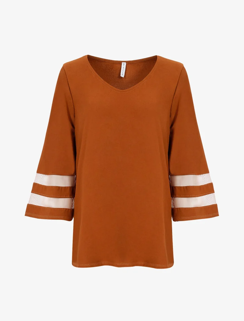 Oversize-Top mit transparenten Streifenärmeln - Kamel