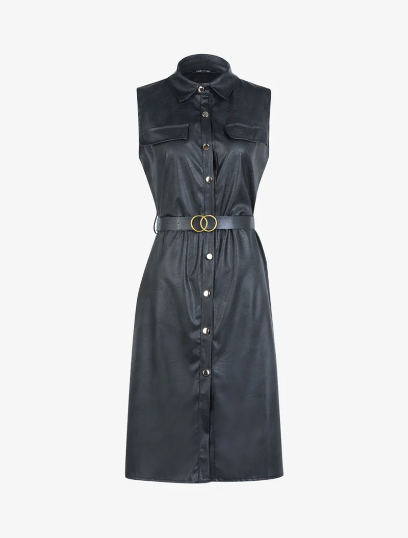 Midi-Kleid aus Kunstleder - Schwarz