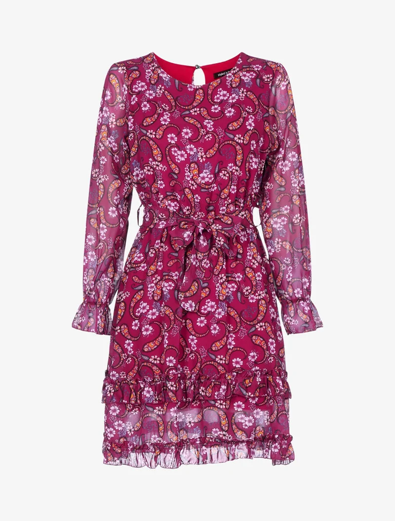 Rüschenkleid mit Blumenmuster - Kirschrot
