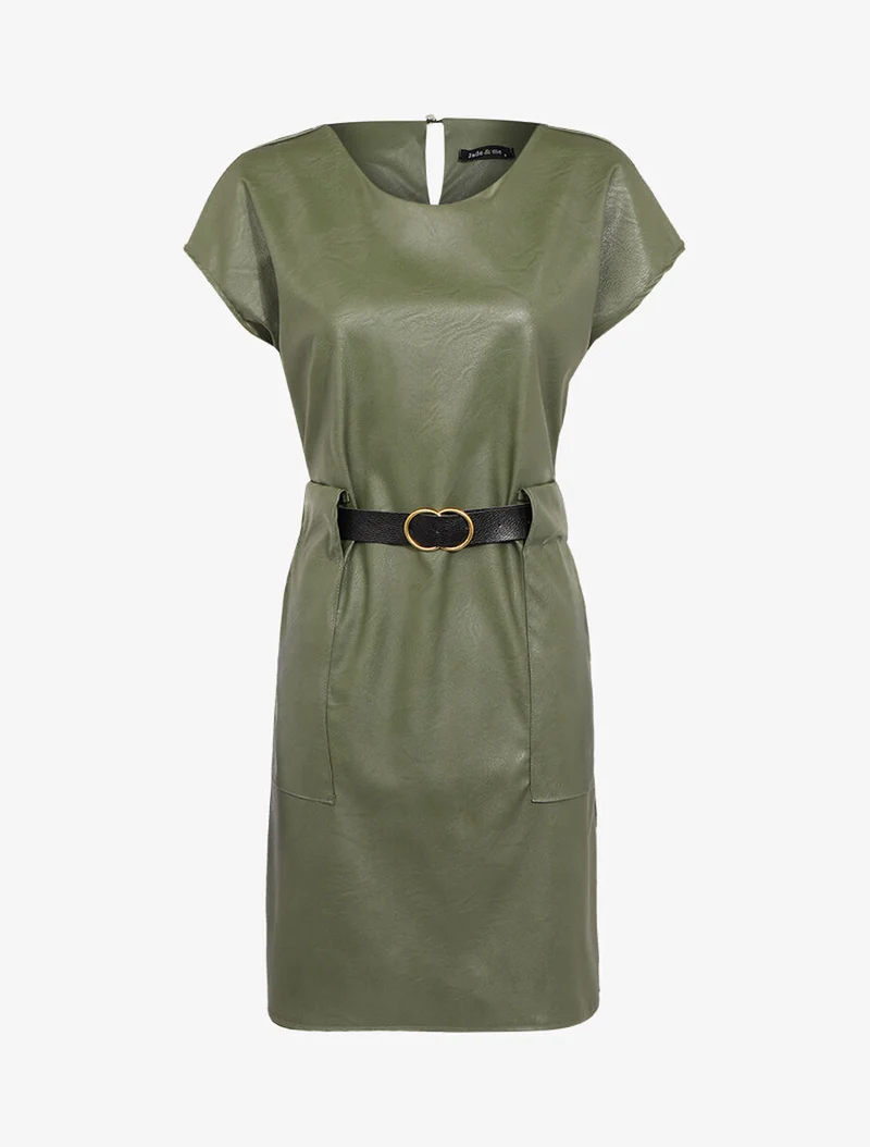 Gerade geschnittenes Kleid aus Kunstleder - Kaki