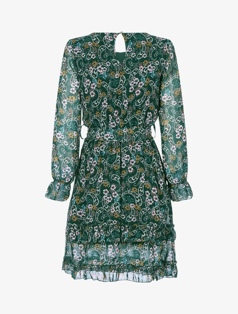 Rüschenkleid mit Blumenmuster - Dunkelgrün