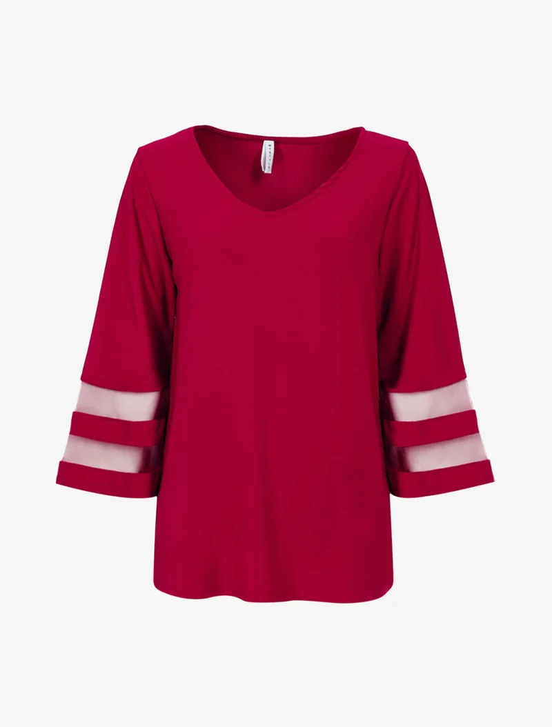 Oversize-Top mit transparenten Streifenärmeln - Weinrot