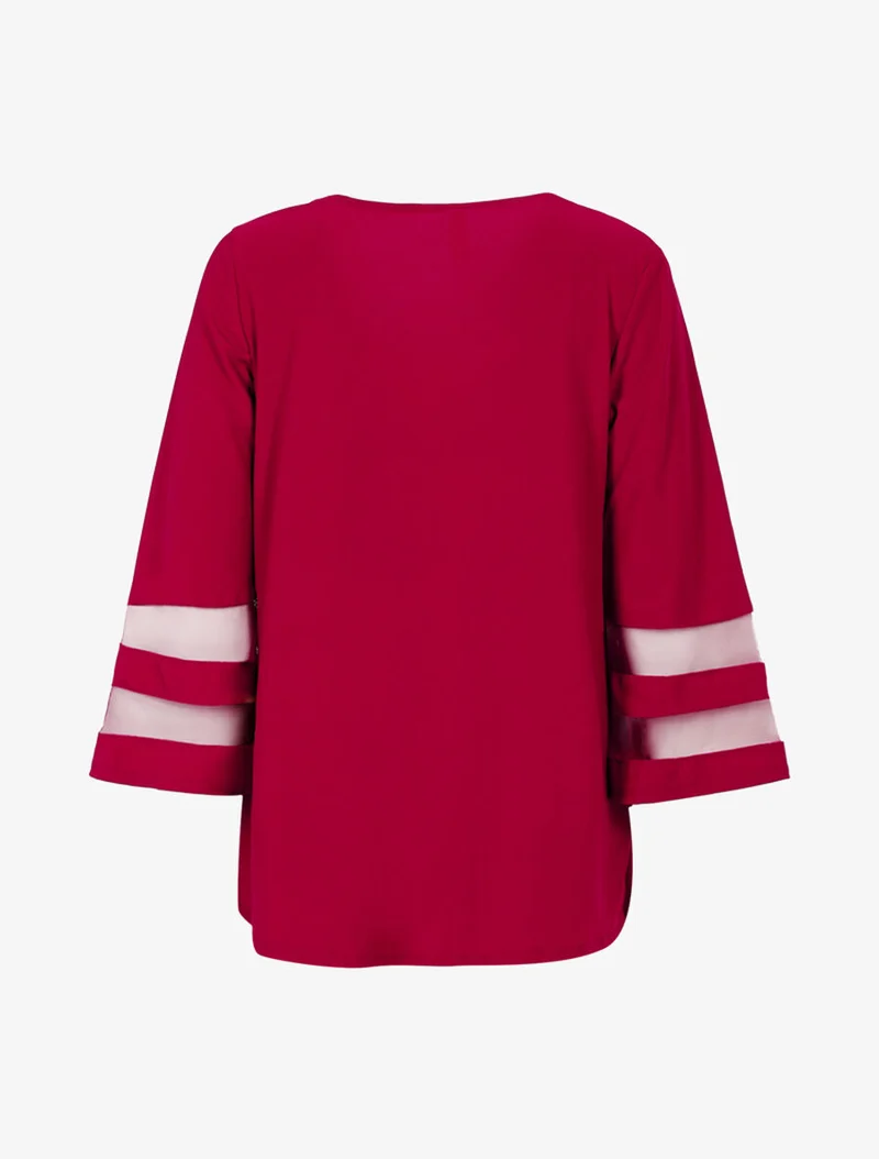 Oversize-Top mit transparenten Streifenärmeln - Weinrot