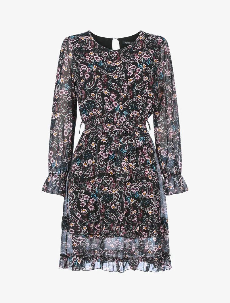 Rüschenkleid mit Blumenmuster - Schwarz