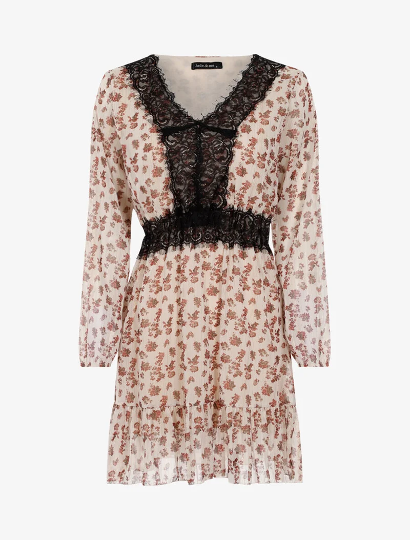 Blumenkleid mit Spitzenausschnitt - Beige