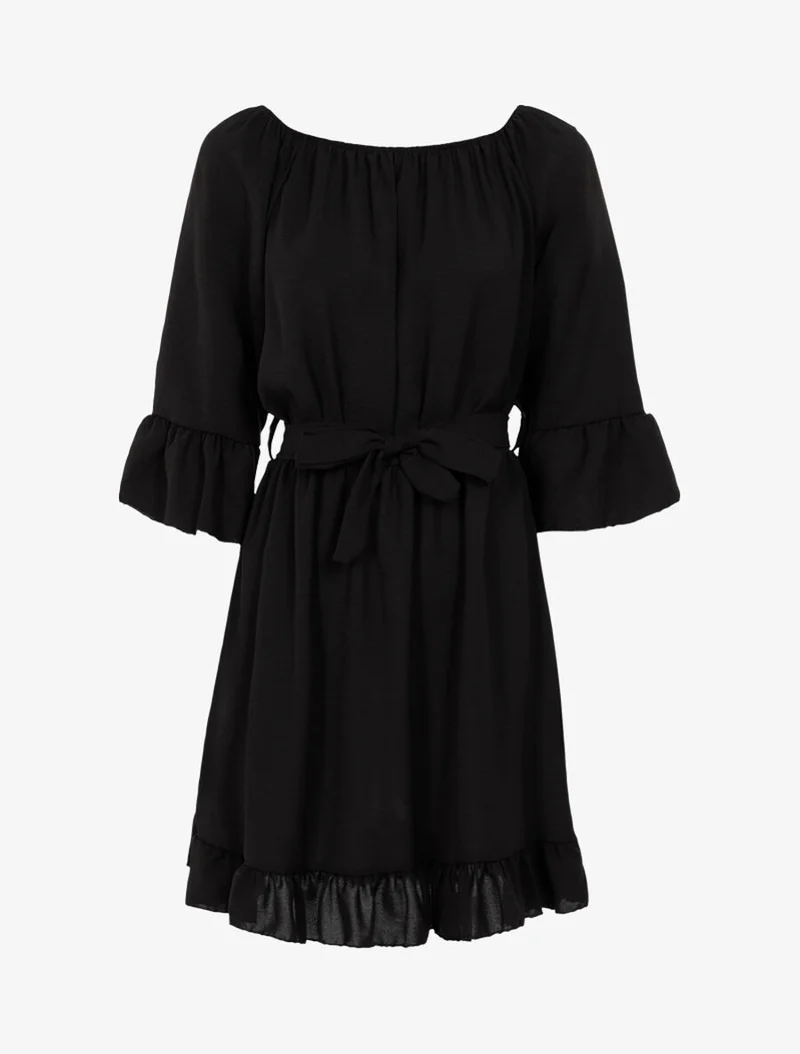 Fließendes Kleid mit Volants - Schwarz