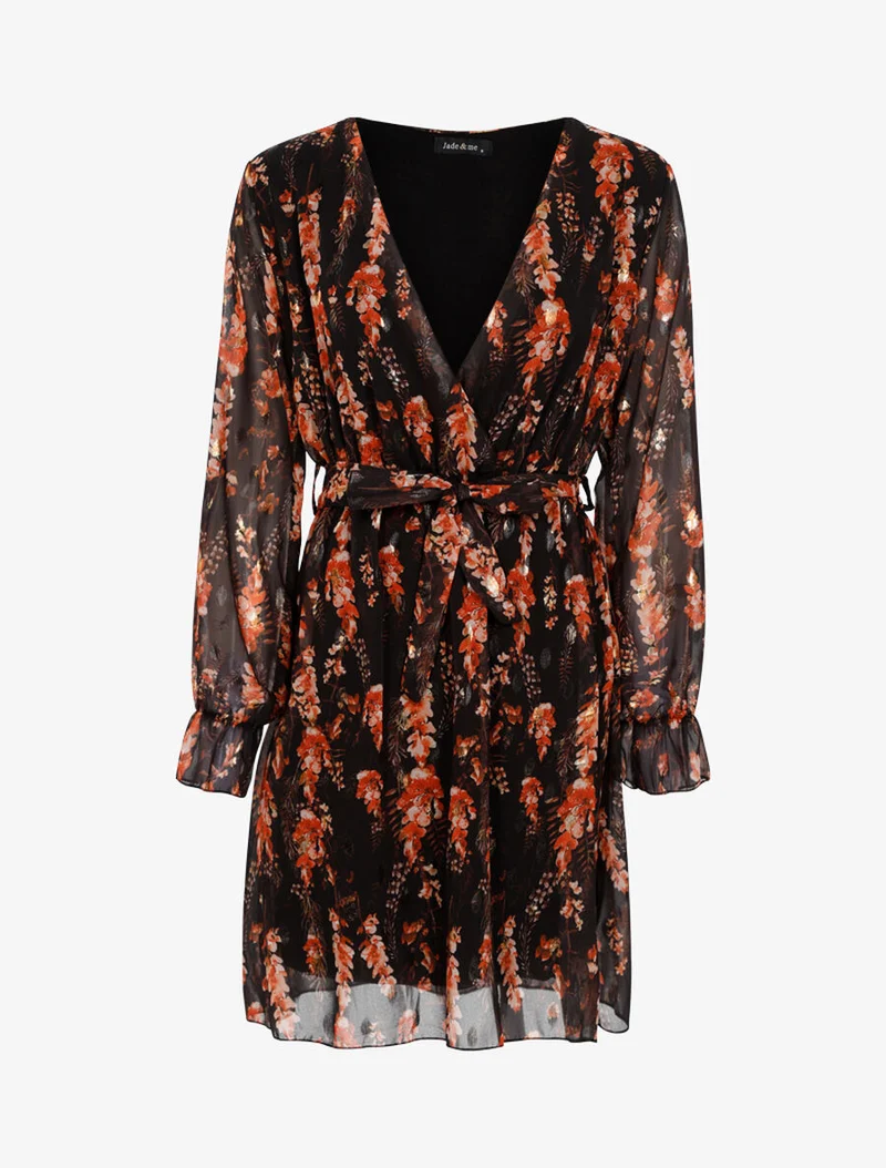 Gekreuztes, ausgeschnittenes Blumenkleid. - Schwarz