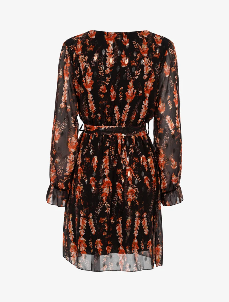 Gekreuztes, ausgeschnittenes Blumenkleid. - Schwarz