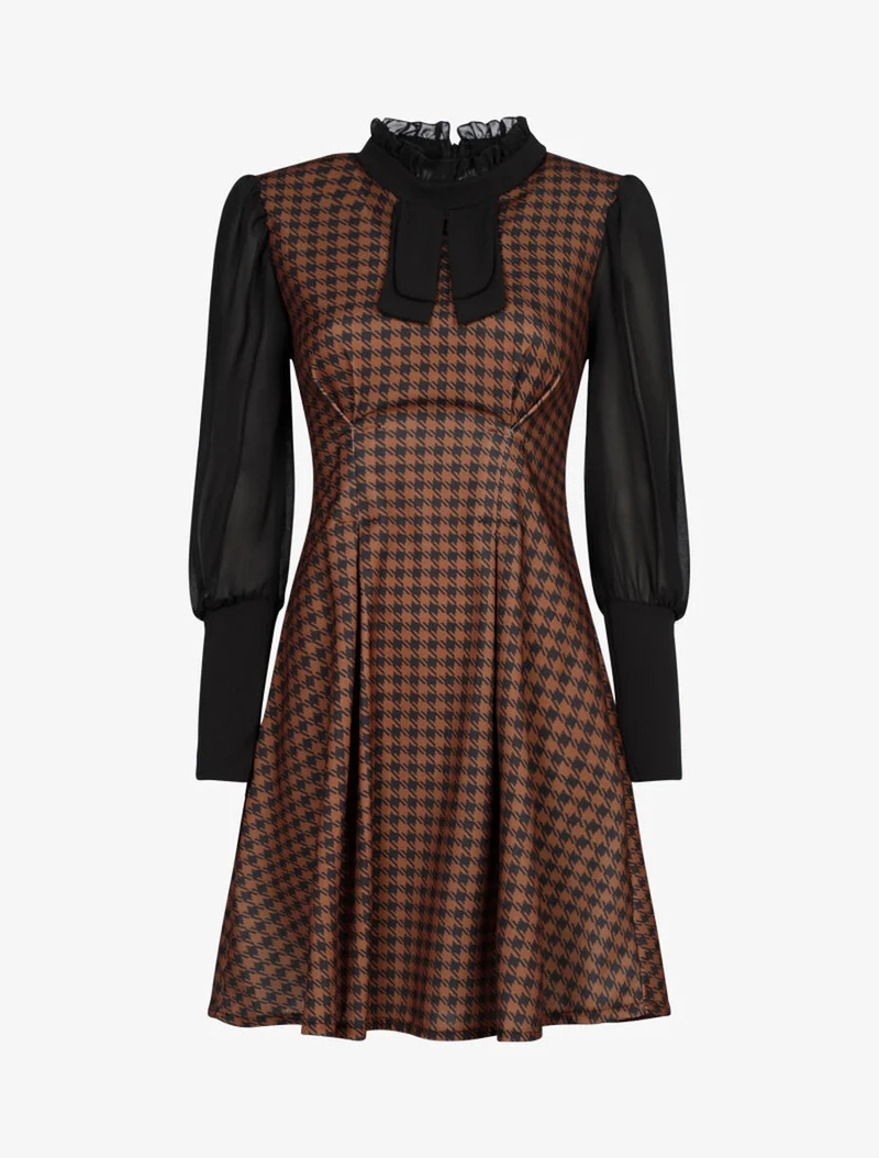 Hahnentritt-Kleid mit Lavallière-Kragen - Braun