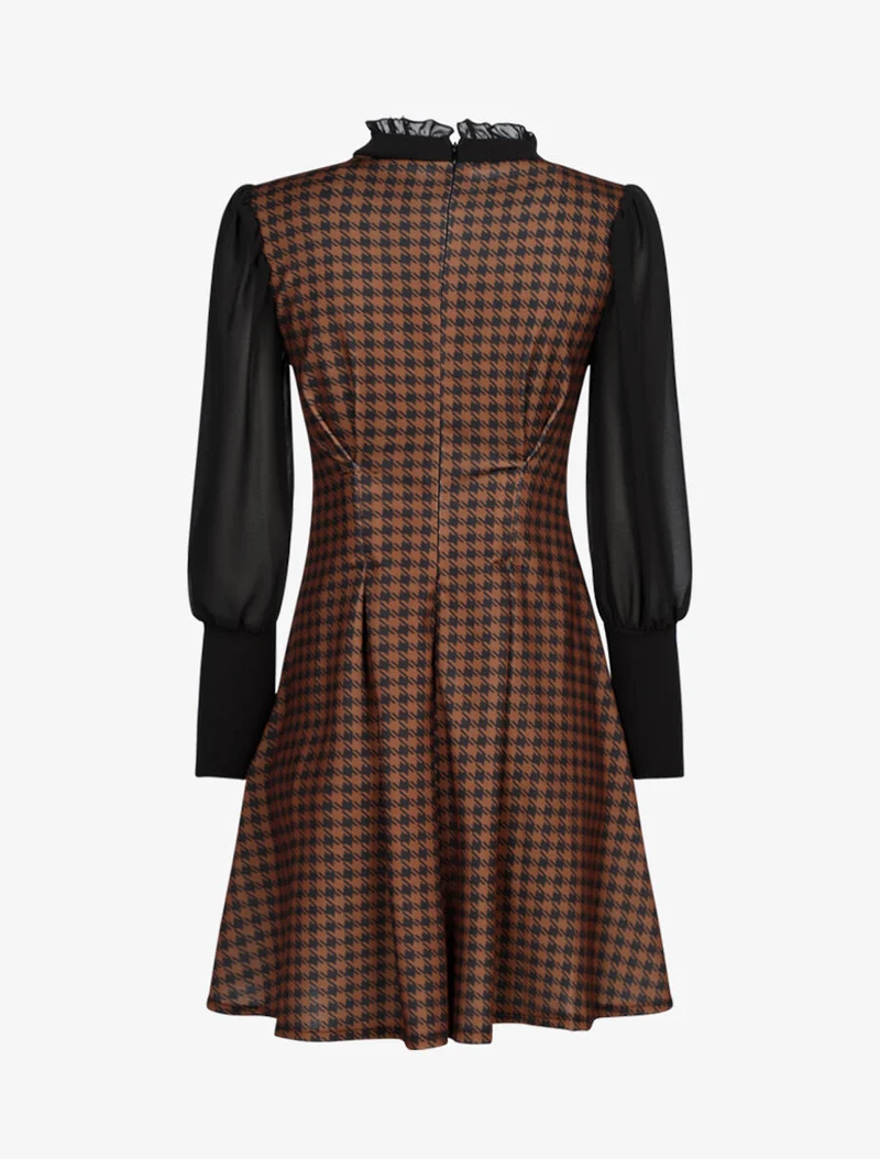Hahnentritt-Kleid mit Lavallière-Kragen - Braun