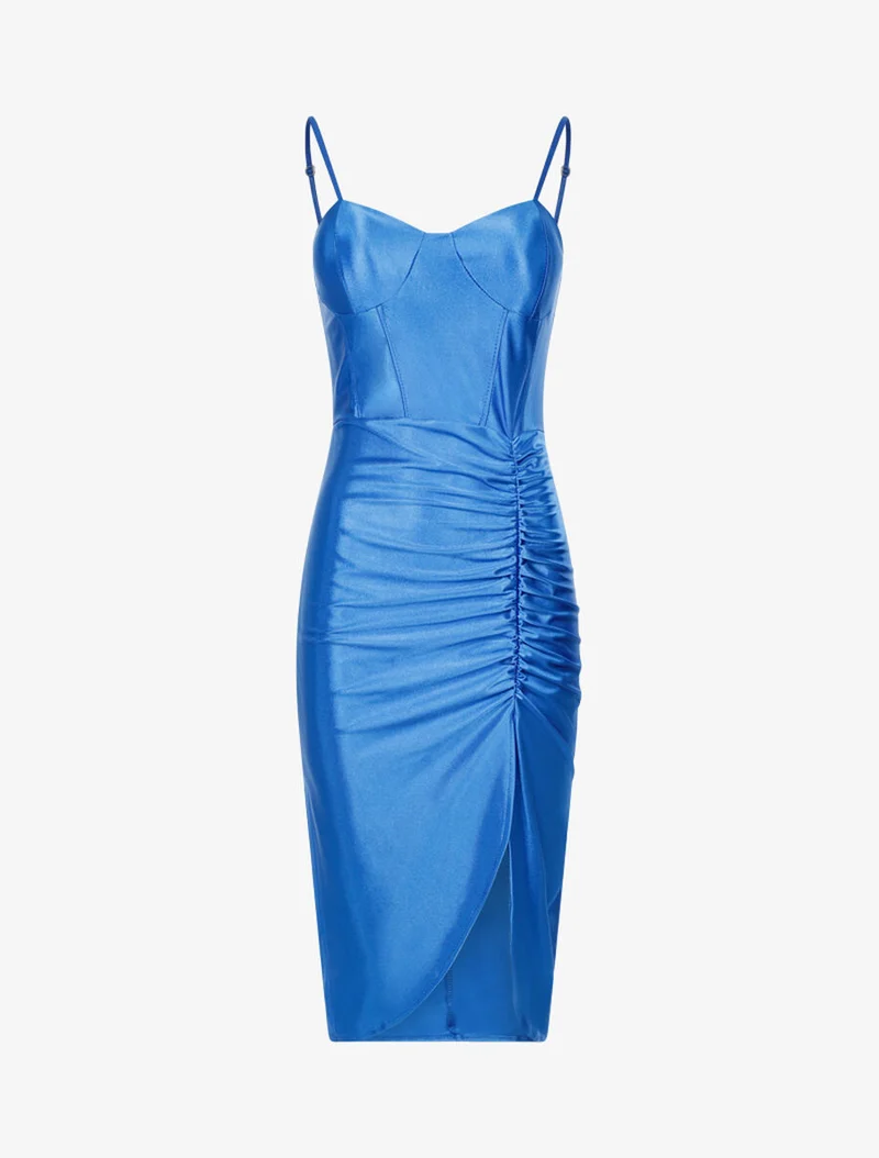 Ausgestelltes Satin-Kleid mit Falten - Elektrisches Blau