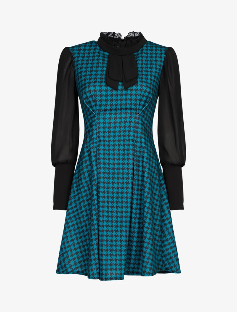 Hahnentritt-Kleid mit Lavallière-Kragen - Blau