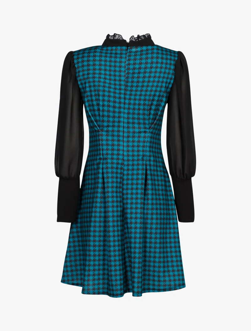 Hahnentritt-Kleid mit Lavallière-Kragen - Blau
