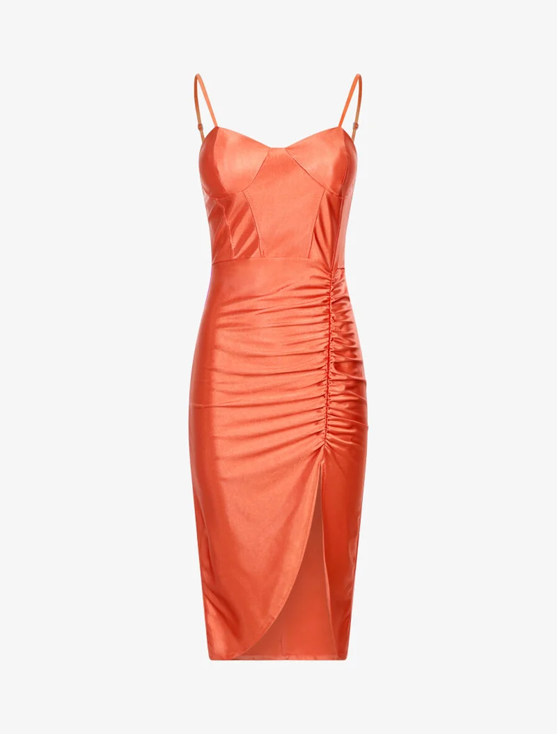 Ausgestelltes Satin-Kleid mit Falten - Orange