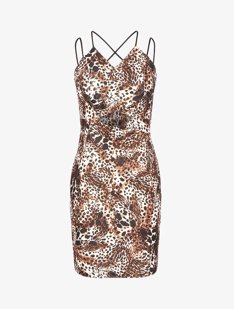 Kleid mit ausgeschnittenem Bauch und Animal-Print - Braun