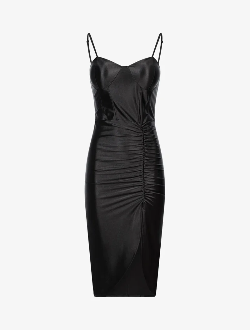Ausgestelltes Satin-Kleid mit Falten - Schwarz
