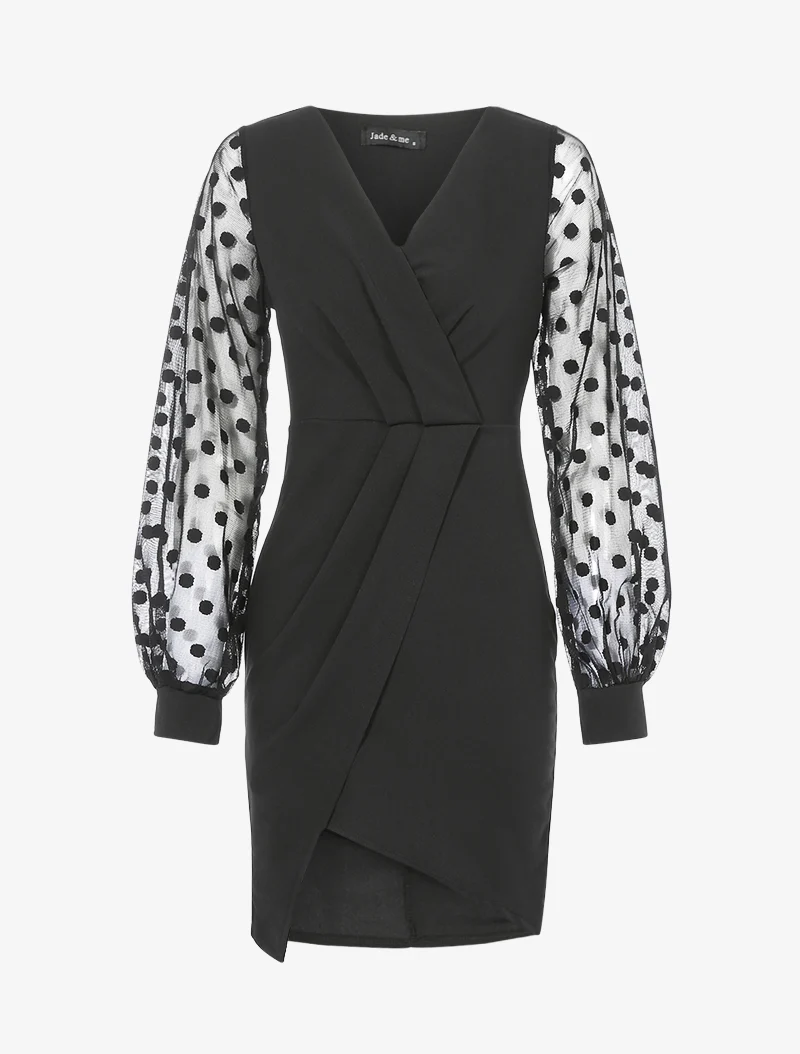 Asymmetrisches Kleid mit Tüllärmeln - Schwarz