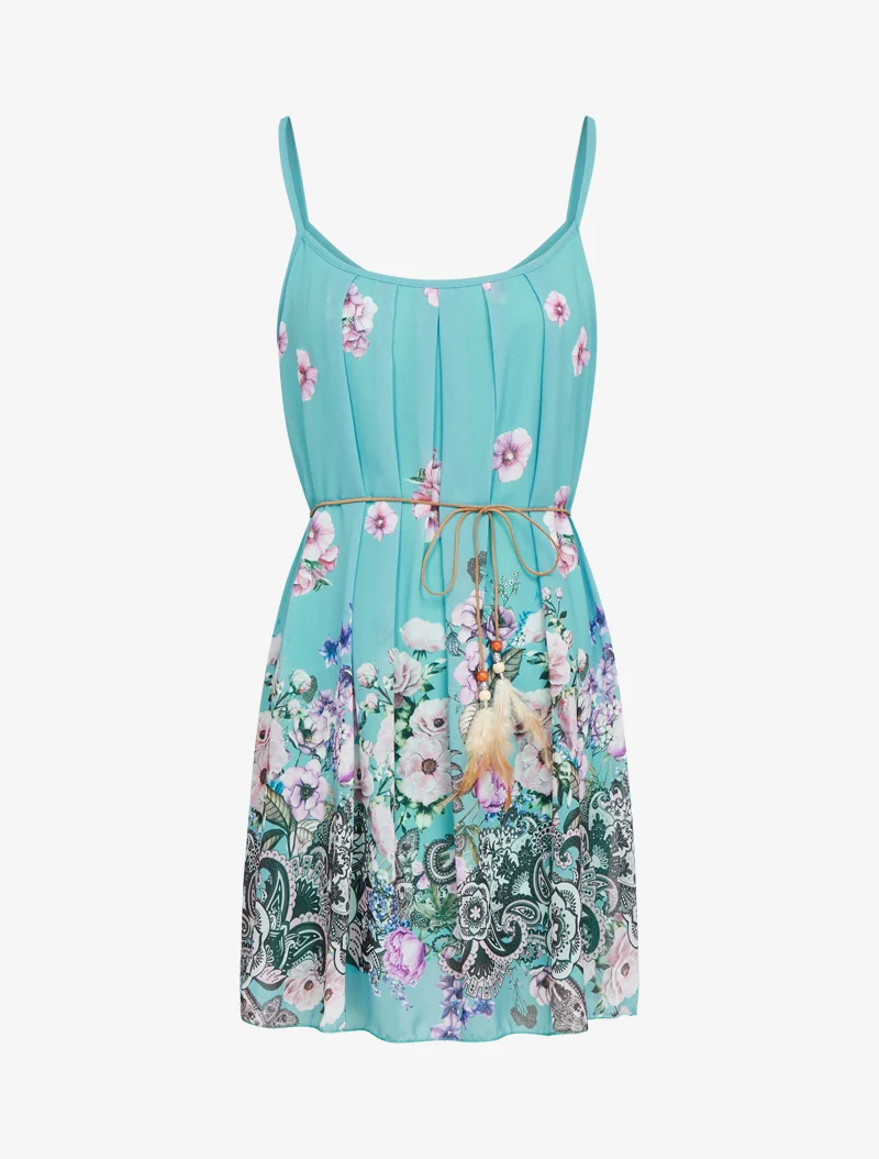 A-Linien-Kleid mit Blumenmuster - Türkis