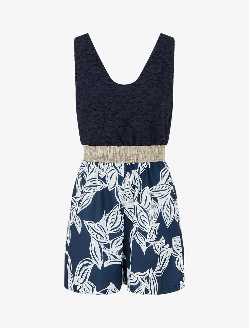 Gespielter Blumen-Jumpsuit mit Spitzeneinsatz am Oberteil - Marine
