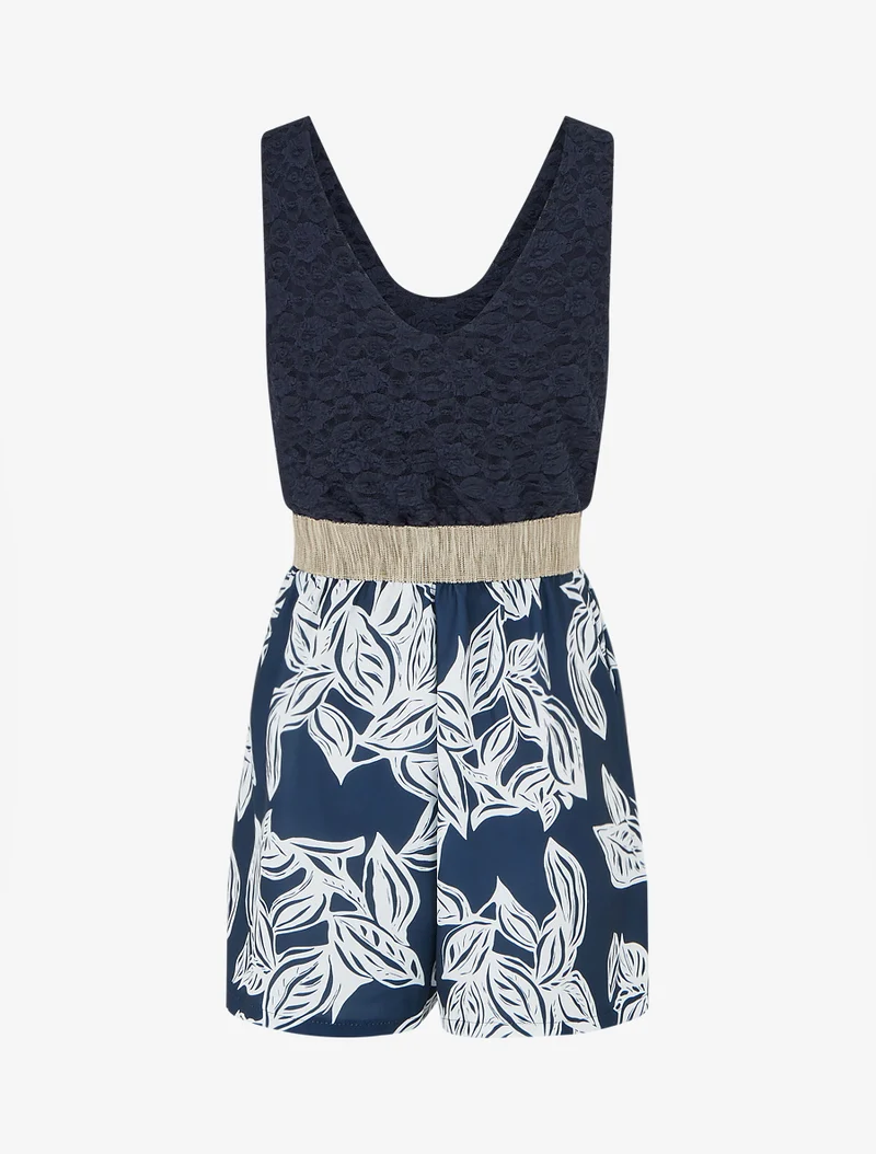 Gespielter Blumen-Jumpsuit mit Spitzeneinsatz am Oberteil - Marine