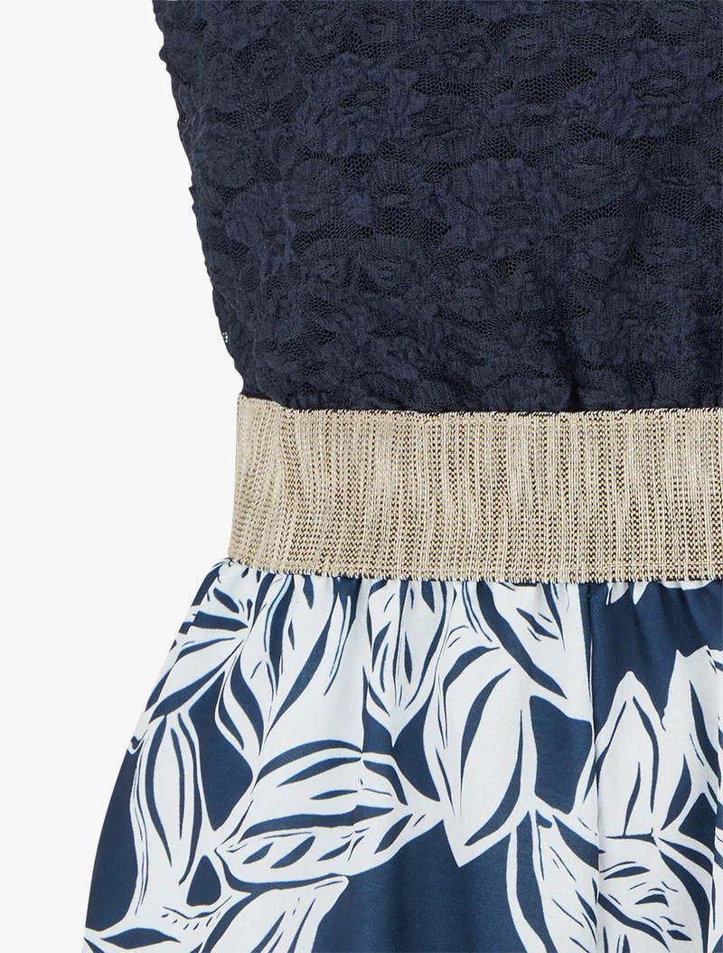 Gespielter Blumen-Jumpsuit mit Spitzeneinsatz am Oberteil - Marine