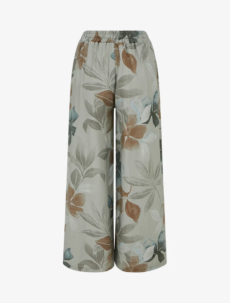 Elastische Hose mit Blattmuster - Kaki