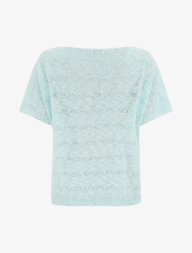 Gestricktes Top mit Lochmuster und kurzen Ärmeln - Türkis