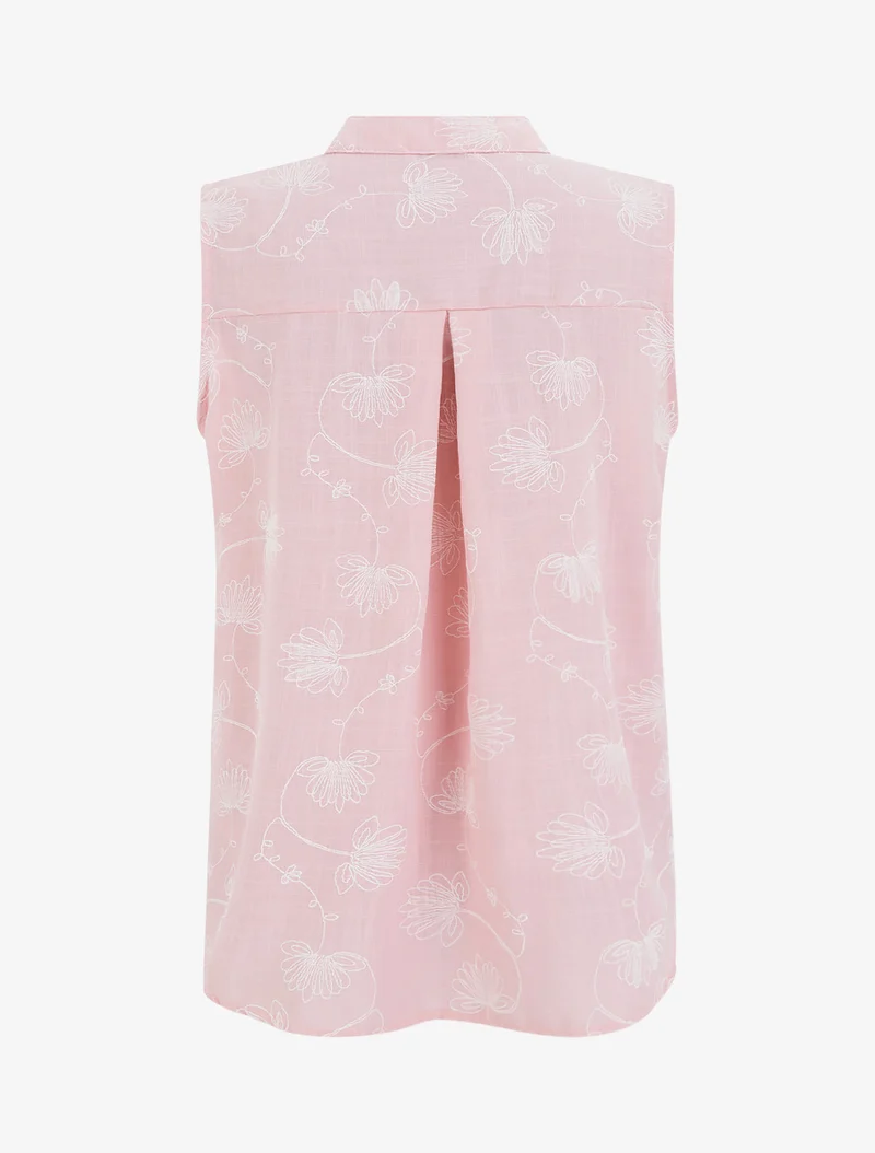 Leinenoberteil mit Knopfleiste und Blumenstickerei - Rose
