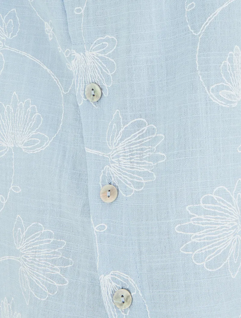 Leinenoberteil mit Blumenstickerei - Himmelblau