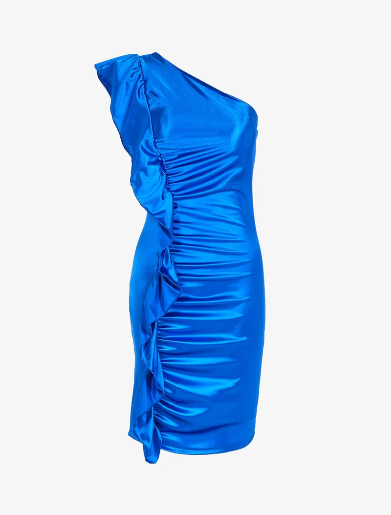 Schulterfreies Kleid mit Rüschen an der Seite - Elektrisches Blau