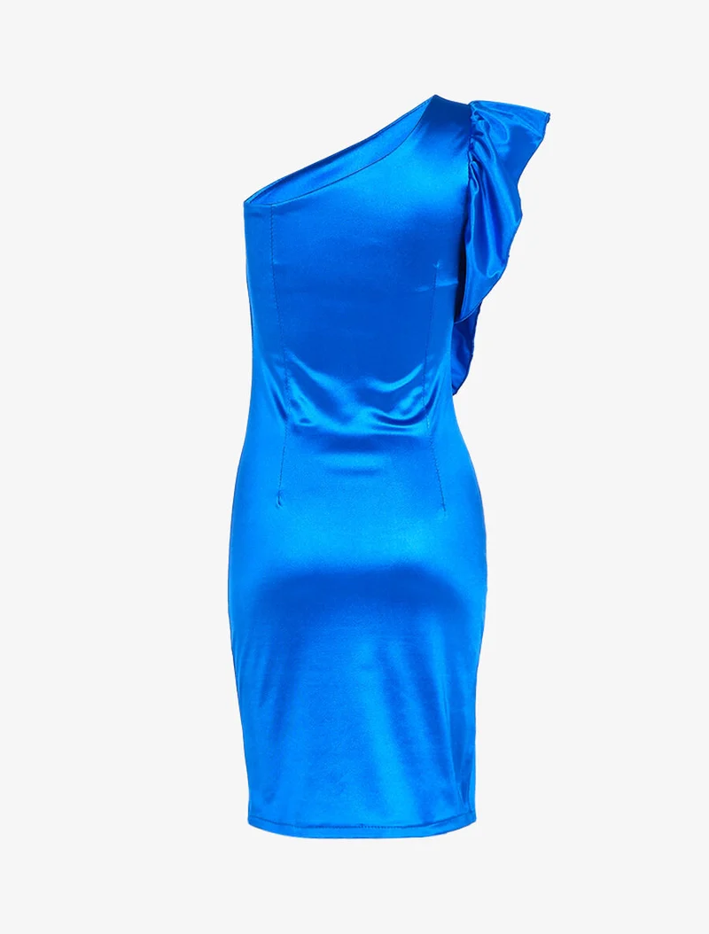 Schulterfreies Kleid mit Rüschen an der Seite - Elektrisches Blau