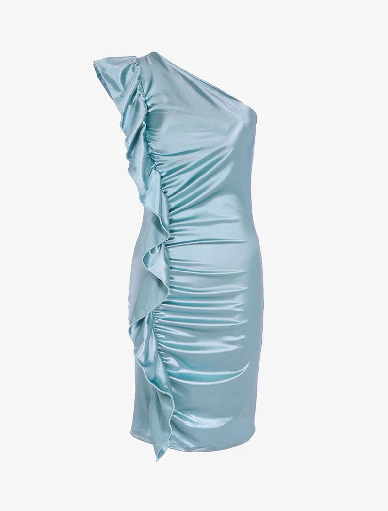 Schulterfreies Kleid mit Rüschen an der Seite - Wassergrün
