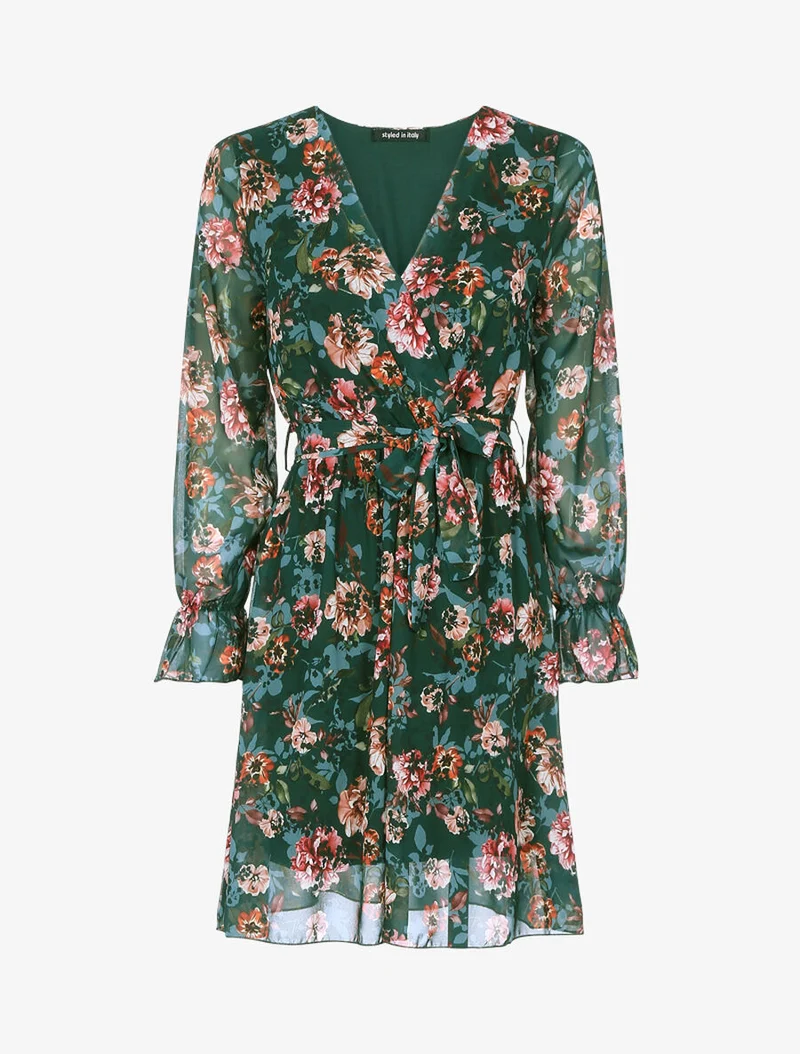 Wickelkleid mit Blumenmuster - Dunkelgrün
