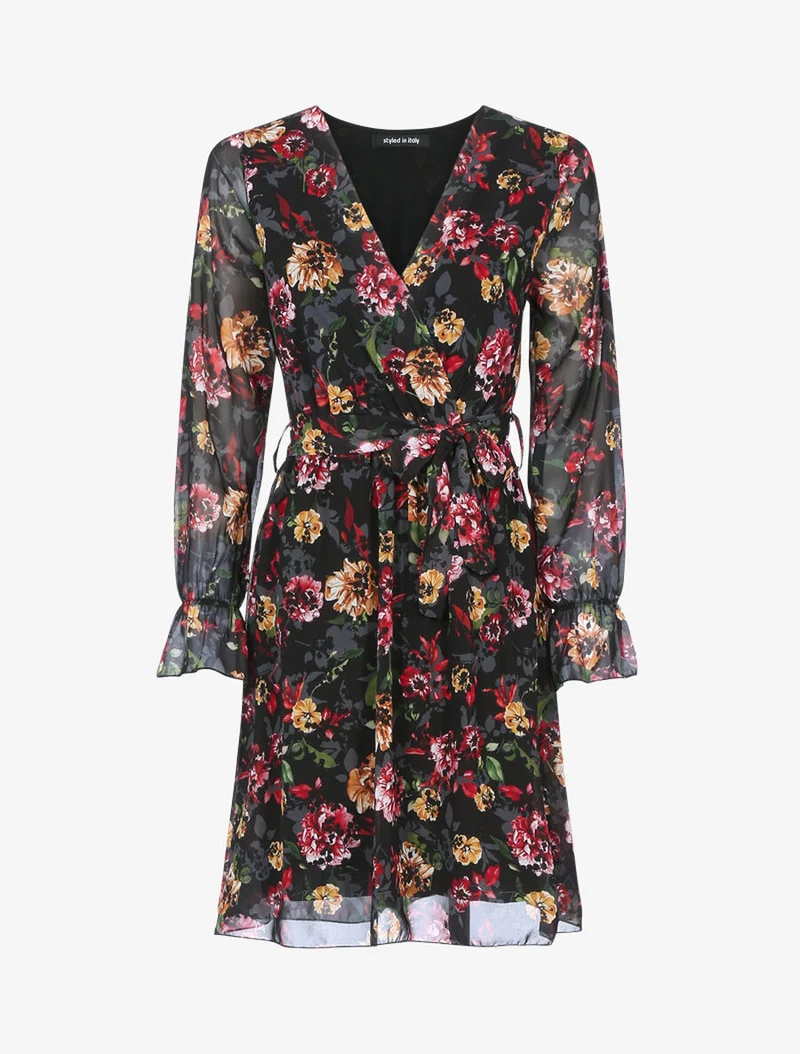 Wickelkleid mit Blumenmuster - Schwarz